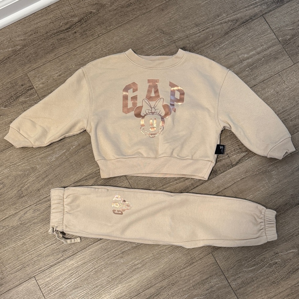 GAP Girls Cream Sweatshirt & Jogger Set with Rose Gold Minnie